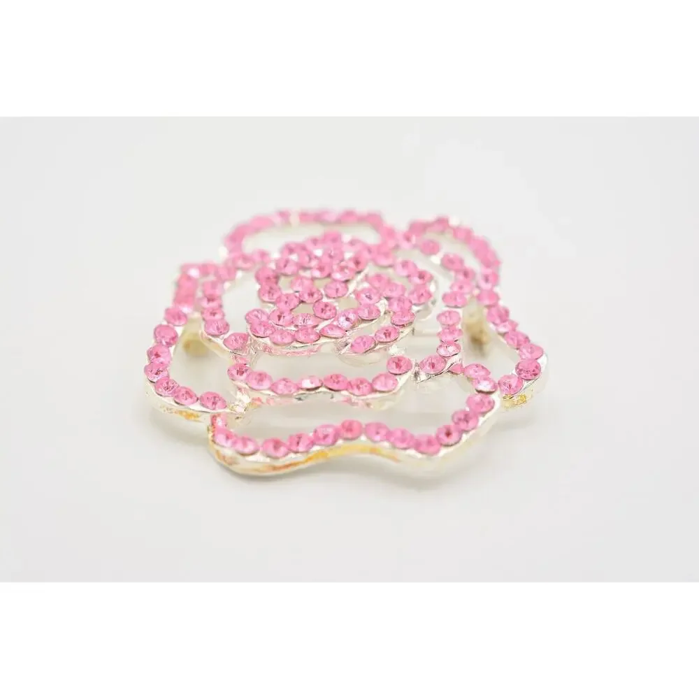 Vintage Rose Pin Brooch Flower Pink Lucite Rhinestone Crystal Silver Tone Bin5B